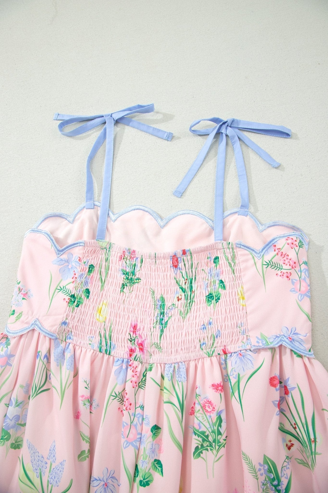 Pink Floral Print Contrast Trim Self - tie Straps High Waist Midi Dress - Loving It Shop