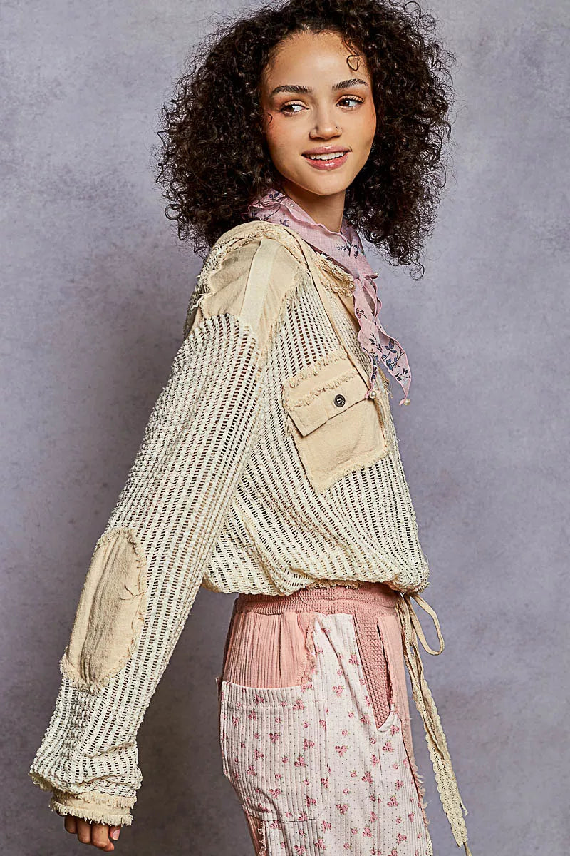 Texture Woven Button Down Hooded Shirt with Drawstring Hem