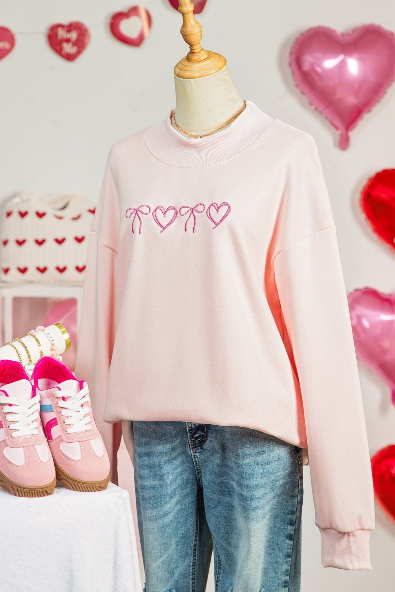 Apricot Pink Valentines Bow Heart Embroidered Mock Neck Sweatshirt - Loving It Shop