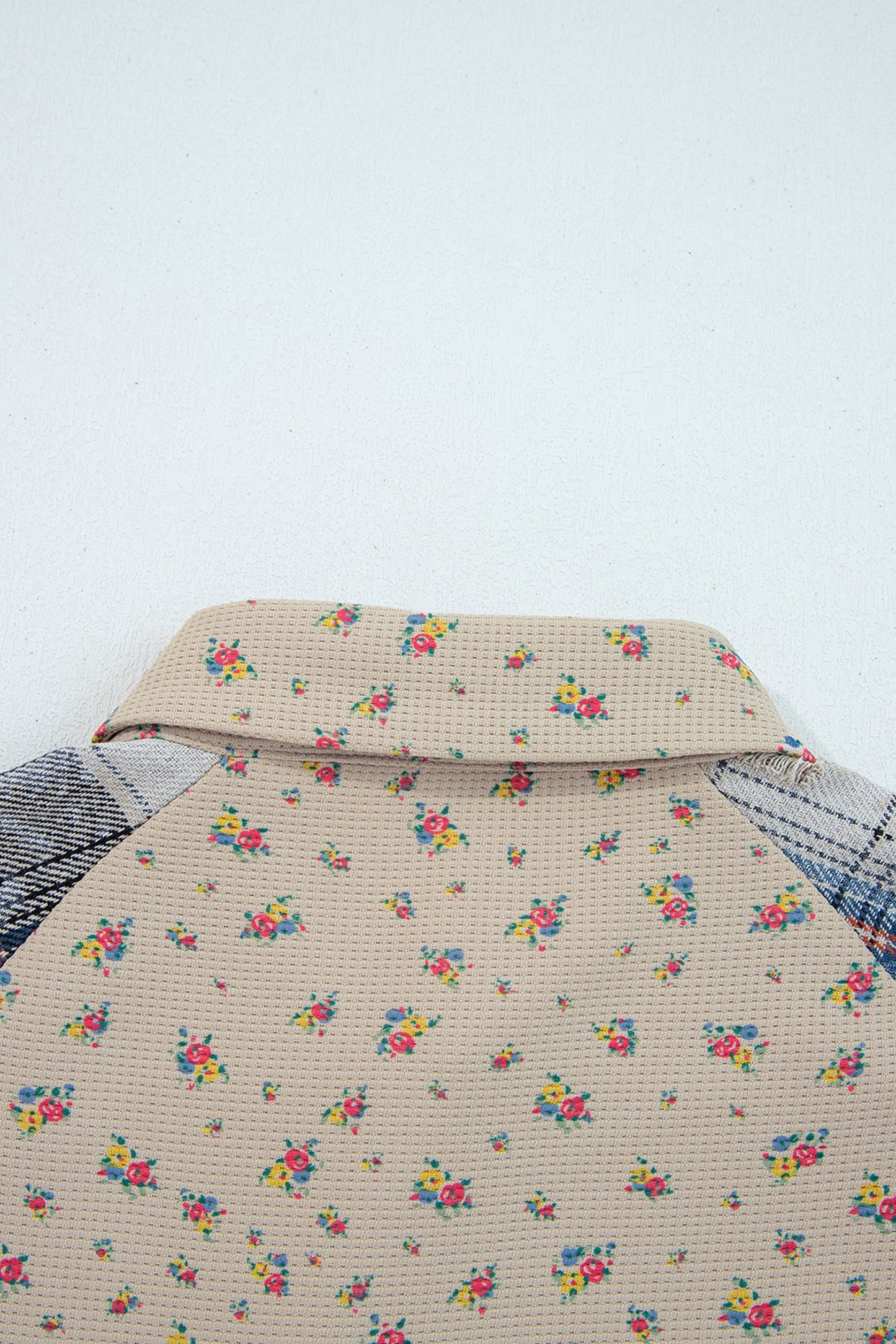 Boho Floral Plaid Patchwork Distressed Detail Ruffled Sleeve Waffle Knit Shacket