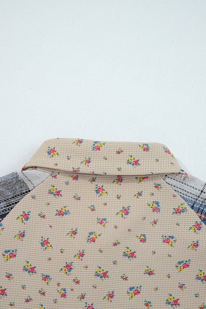 Boho Floral Plaid Patchwork Distressed Detail Ruffled Sleeve Waffle Knit Shacket