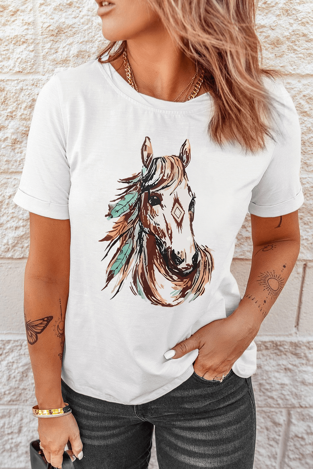 White Western Aztec Horse Graphic Crewneck Tee - Loving It Shop