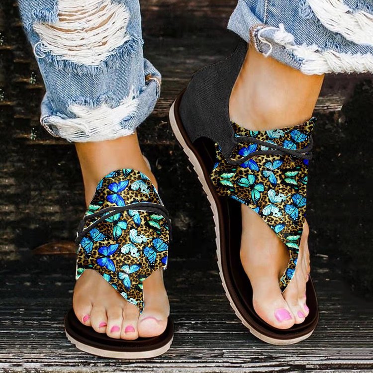 Spring And Summer Foreign Trade Printing Leopard Print New Large Size Ladies Flat Beach Sandals