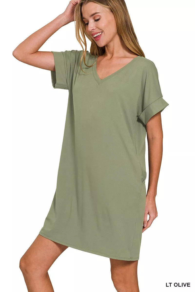Brushed Dty Rolled Short Sleeve V-Neck Dress