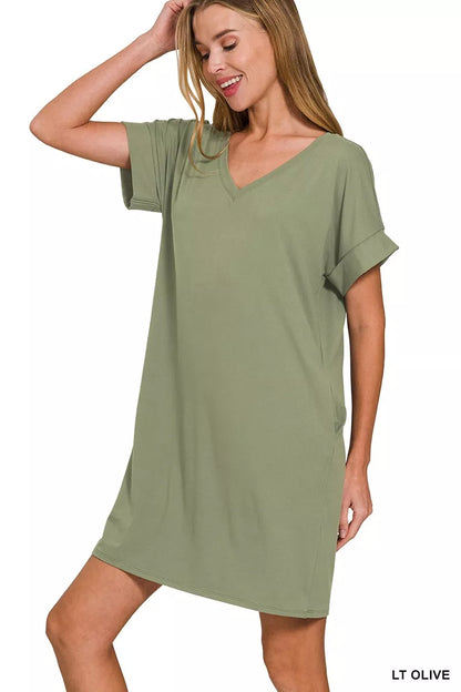 Brushed Dty Rolled Short Sleeve V-Neck Dress