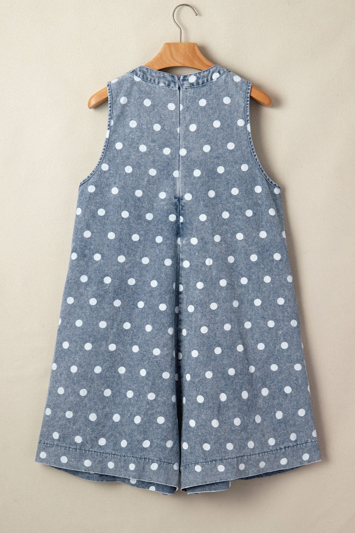 Sky Blue Polka Dot Print Tie V Neck Pleated Loose Denim Romper - Loving It Shop