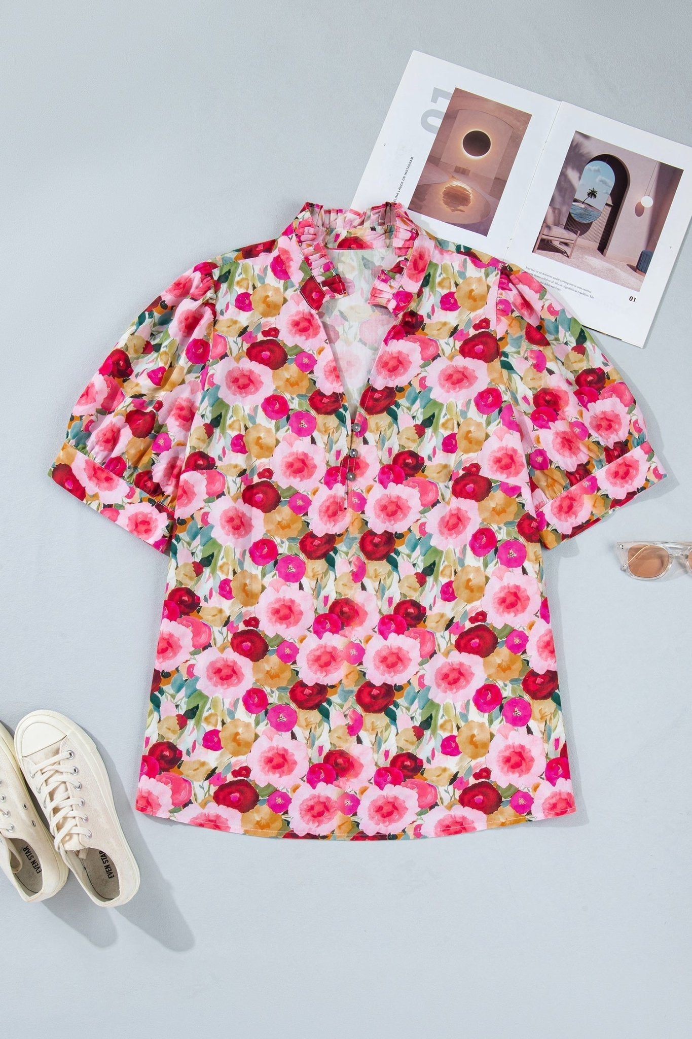 Pink Plus Size Flower Print Split V Neck Puff Short Sleeve Top - Loving It Shop