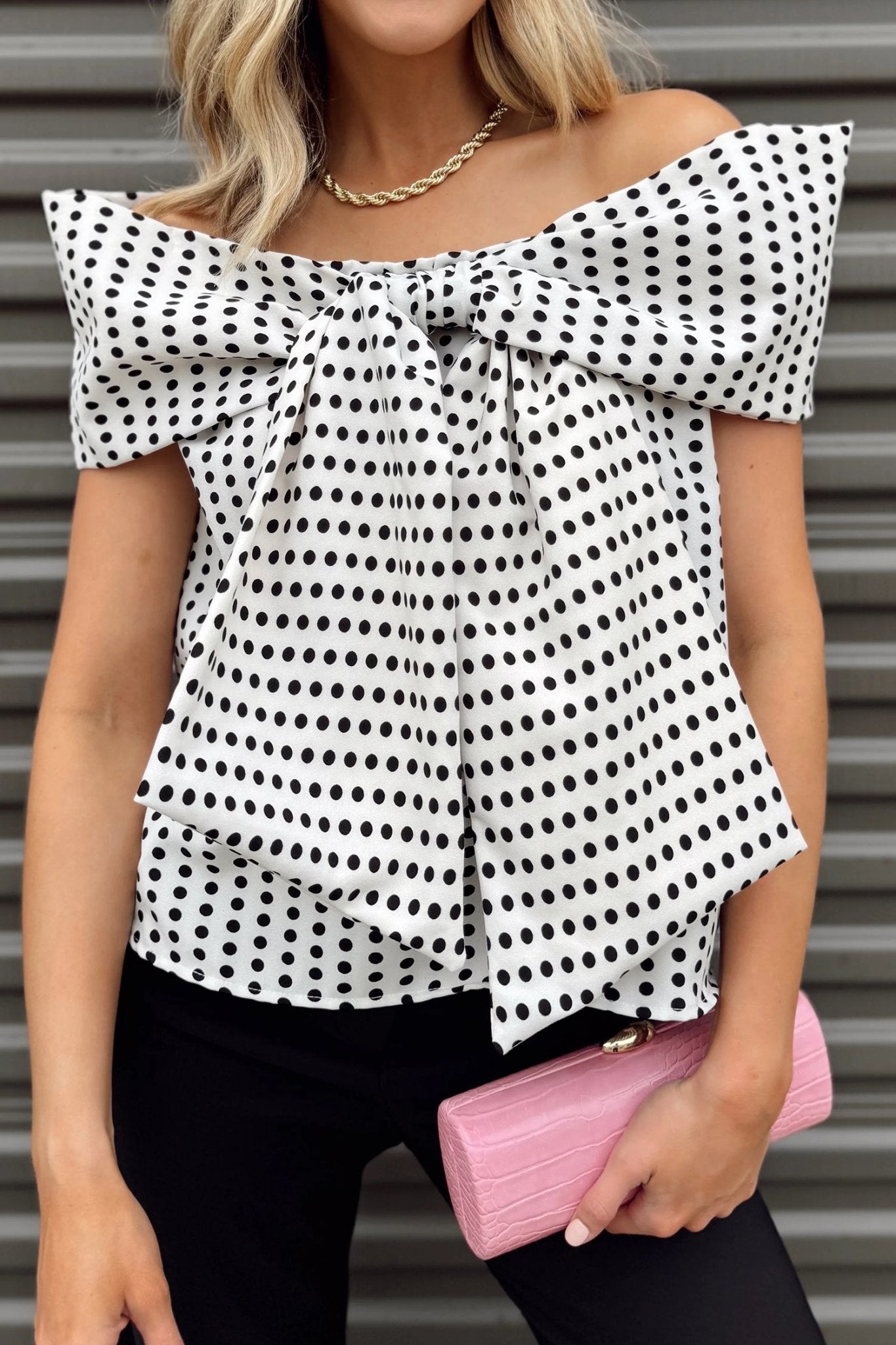 White Polka Dot Off Shoulder Bow Knot Short Sleeve Blouse - Loving It Shop