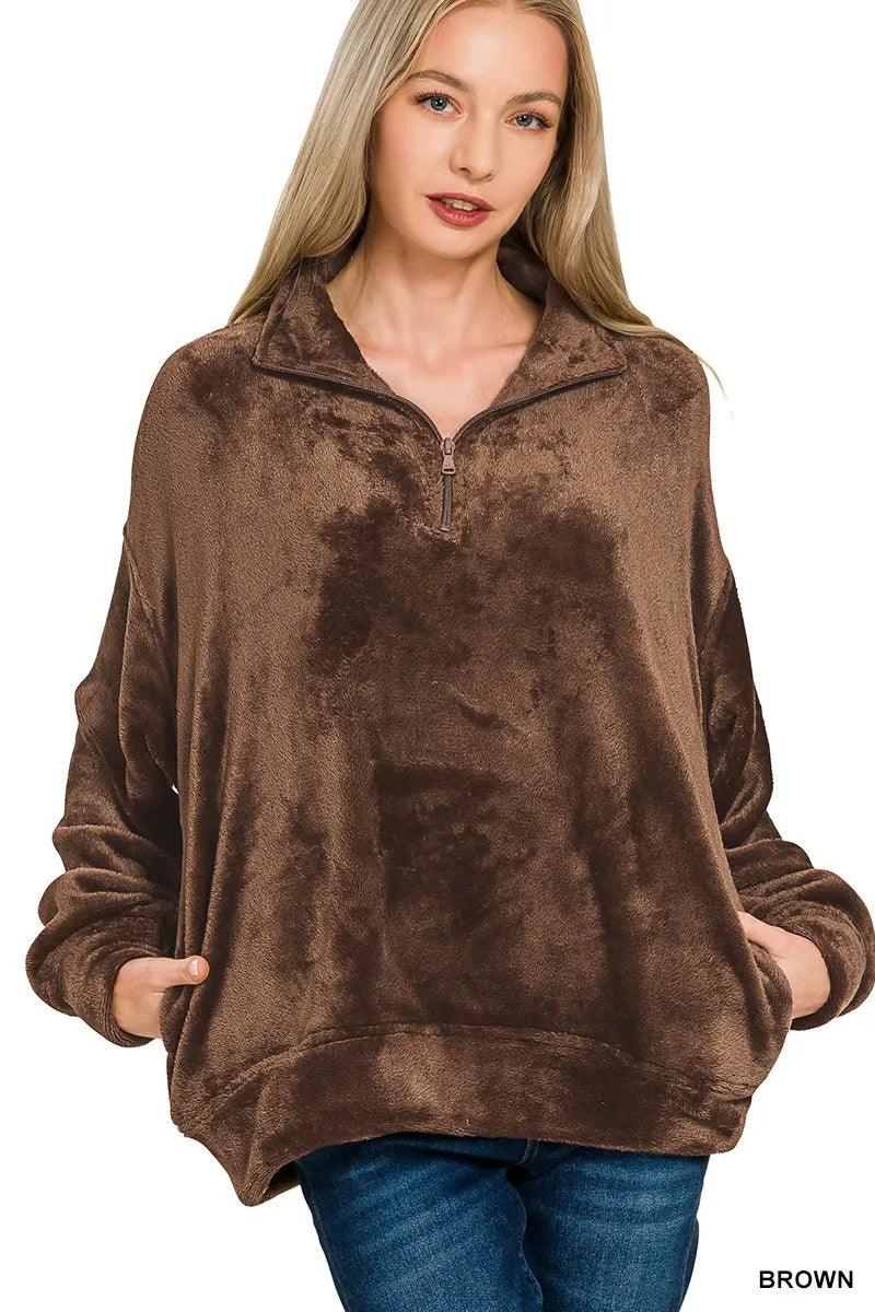 Faux Fur Half Zip Pocket Pullover