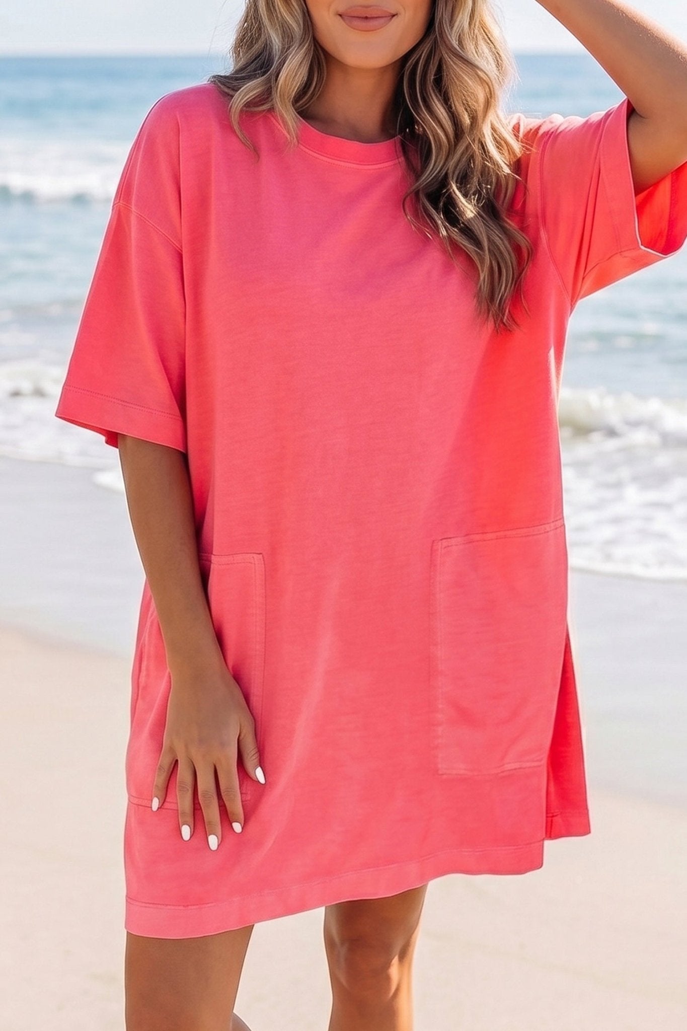 Coral Paradise Drop Shoulder Loose Casual T Shirt Mini Dress - Loving It Shop