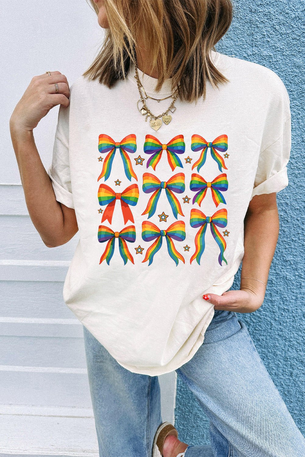 White Pride Bow Starry Print Cotton Blend T Shirt - Loving It Shop