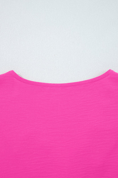 Bright Pink Frilled V Neckline Bracelet Sleeve Crinkled Blouse
