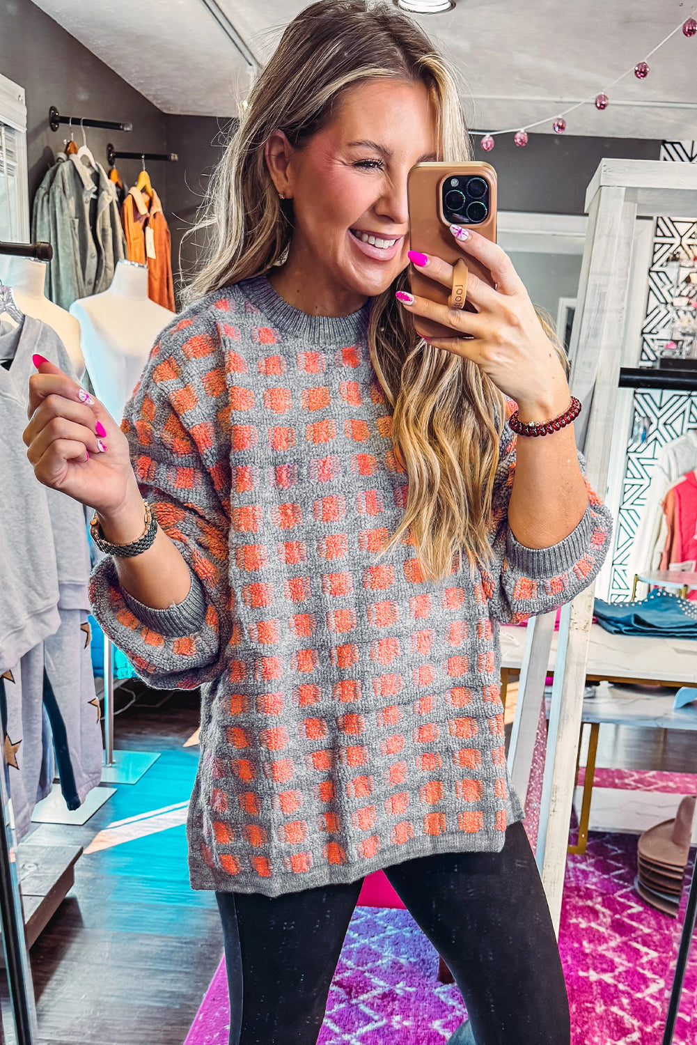 Pink Checkered Oversized Side Slit Sweater