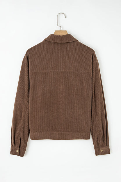 Dark Khaki Button Zip Up Lapel Collar Corduroy Jacket