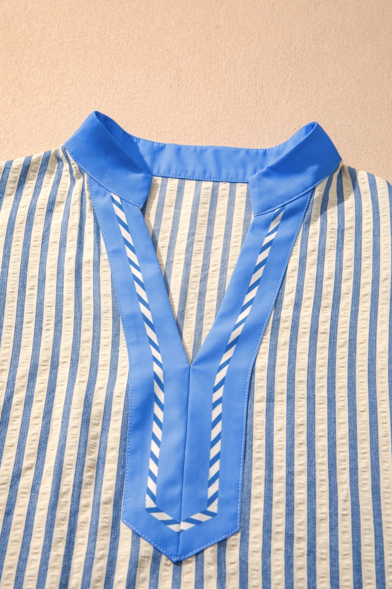 Sky Blue Stripe Color Block Detail V Neck Short Sleeve Blouse - Loving It Shop