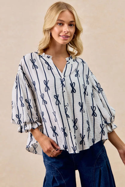 Bow Ribbon Printed Woven Bubble Sleeves Top