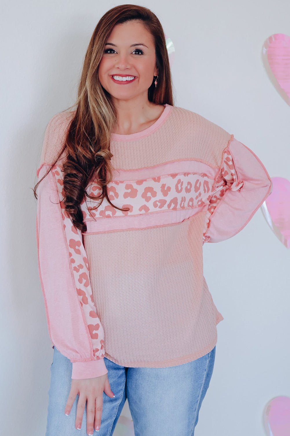 Pink Leopard Patchwork Exposed Seam Waffle Knit Top - Loving It Shop