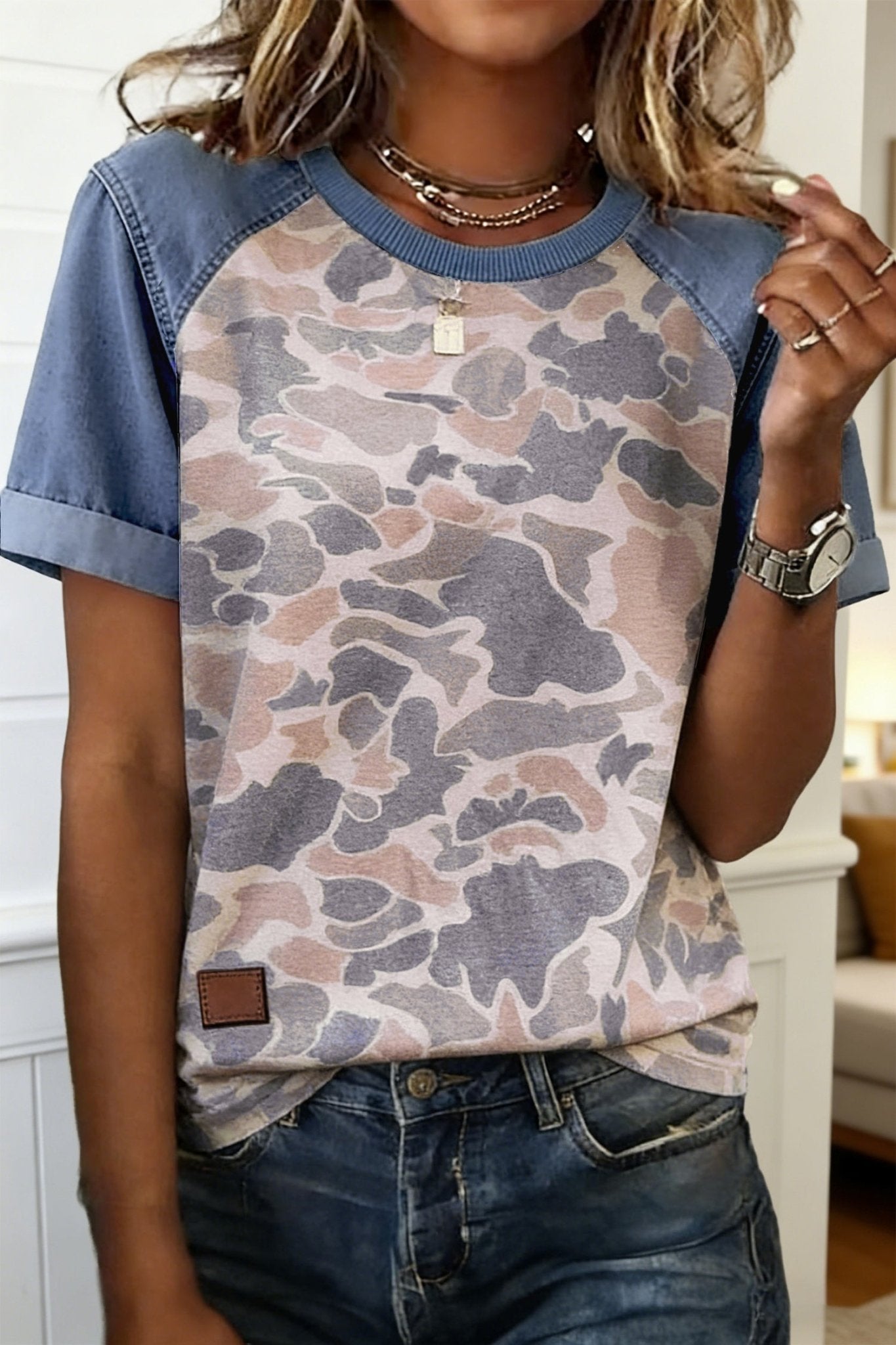 Multicolour Camouflage Print Denim Color Block Sleeve Casual Tee - Loving It Shop