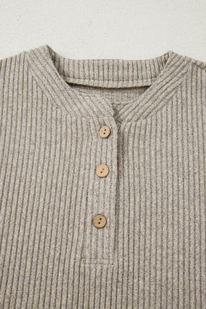 Simply Taupe Ribbed Texture Drop Shoulder Henley Knit Top