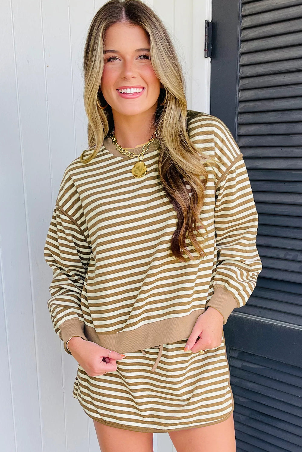 Brown Stripe Textured Drop Shoulder Pullover Top Drawstring Mini Skirt Two Piece Dress Set
