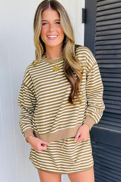 Brown Stripe Textured Drop Shoulder Pullover Top Drawstring Mini Skirt Two Piece Dress Set