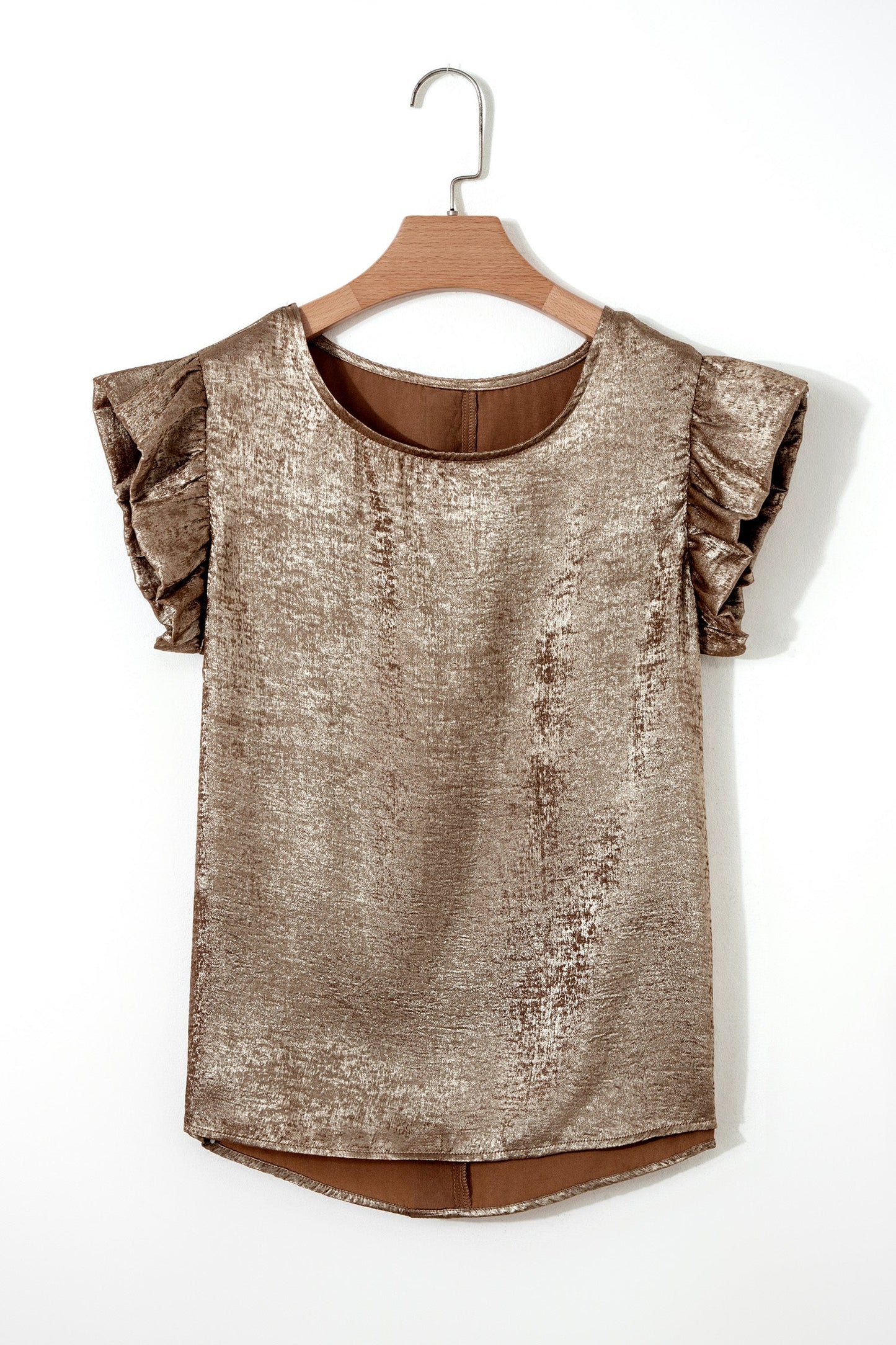 Gold Metallic Round Neck Ruffle Trim Sleeveless Top