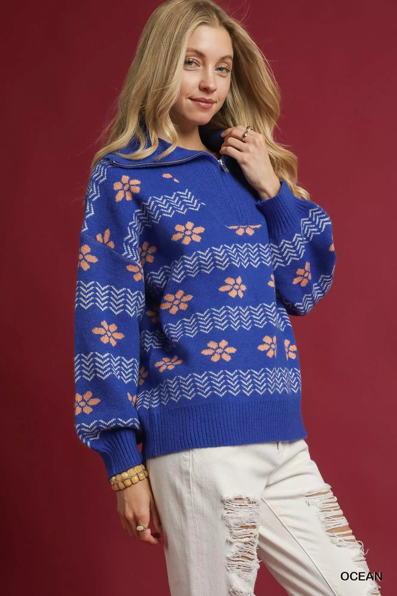 Floral Patterned Jacquard Quarter-Zip Pullover Sweater