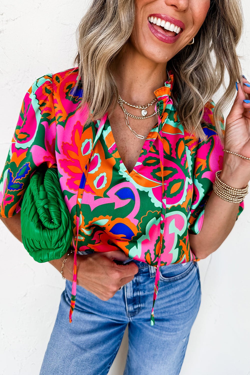 Rose Summer Plant Print Lace up V Neck Short Sleeve Blouse - Loving It Shop