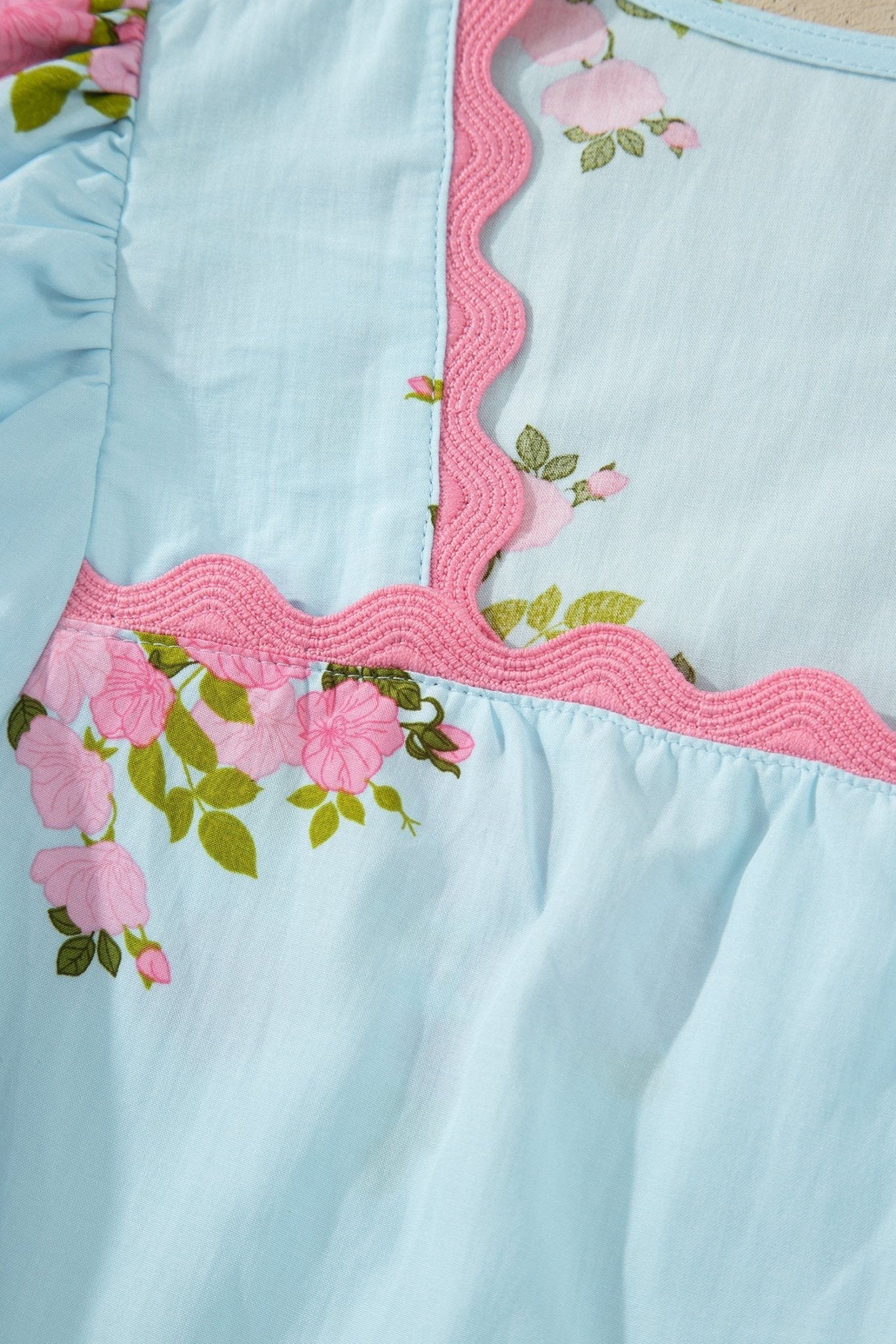 Sky Blue Floral Printed Contrast Ricrac Detail Bubble Sleeve Blouse - Loving It Shop