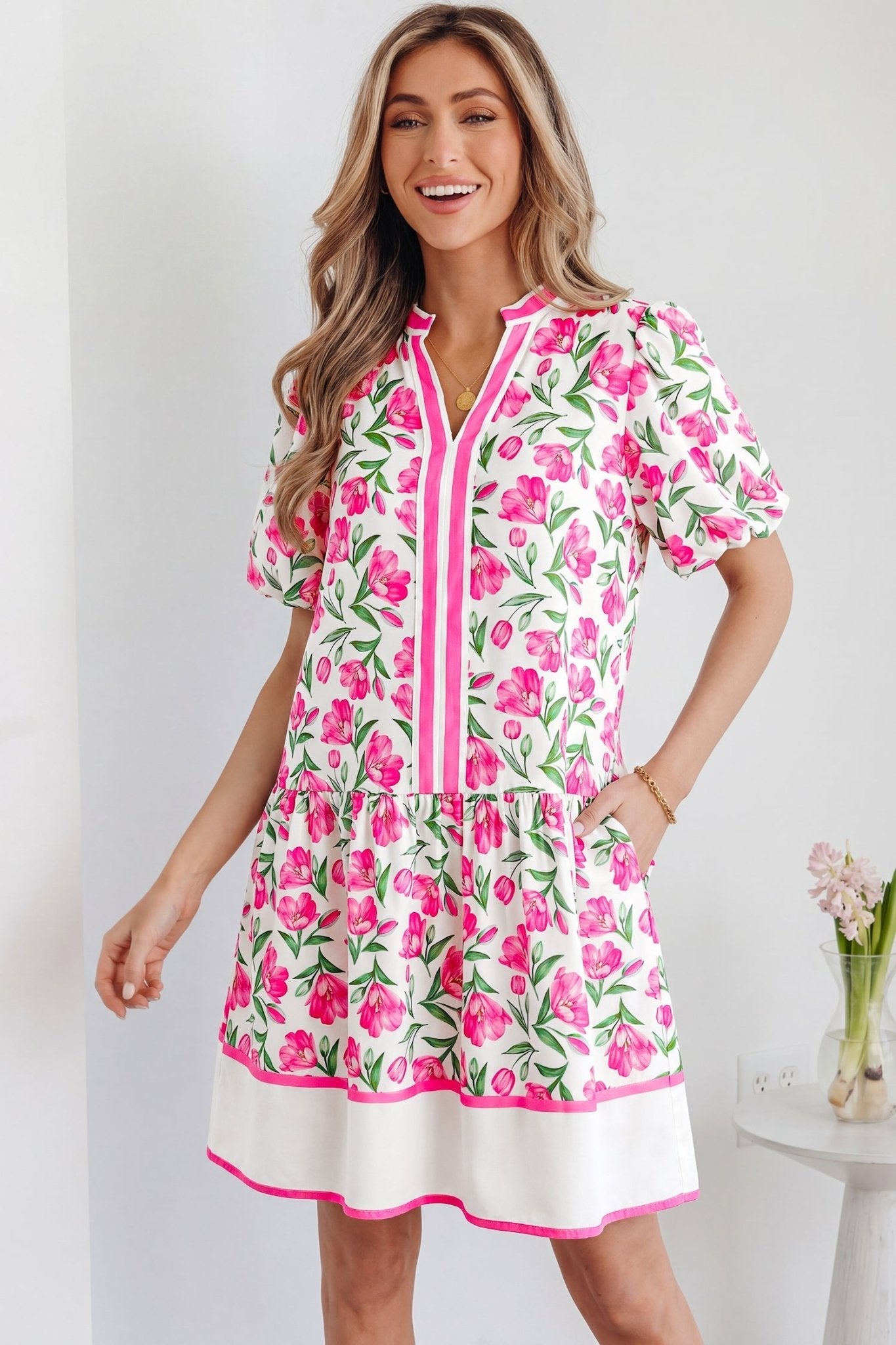 Multicolour Sweet Floral Print Striped Color Block Trim Short Dress - Loving It Shop