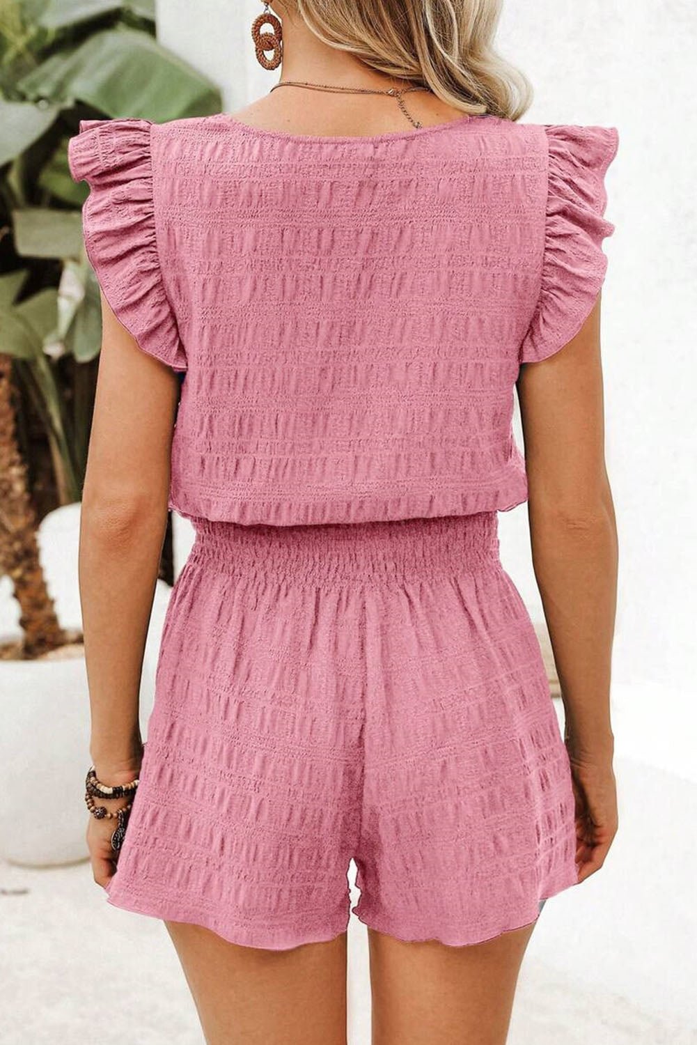 Peach Blossom Textured Square Neck Top and Shirred High Waist Shorts Set - Loving It Shop