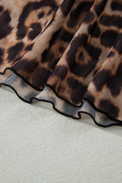 Camel Leopard Printed Mesh Short Sleeve Top - Loving It Shop