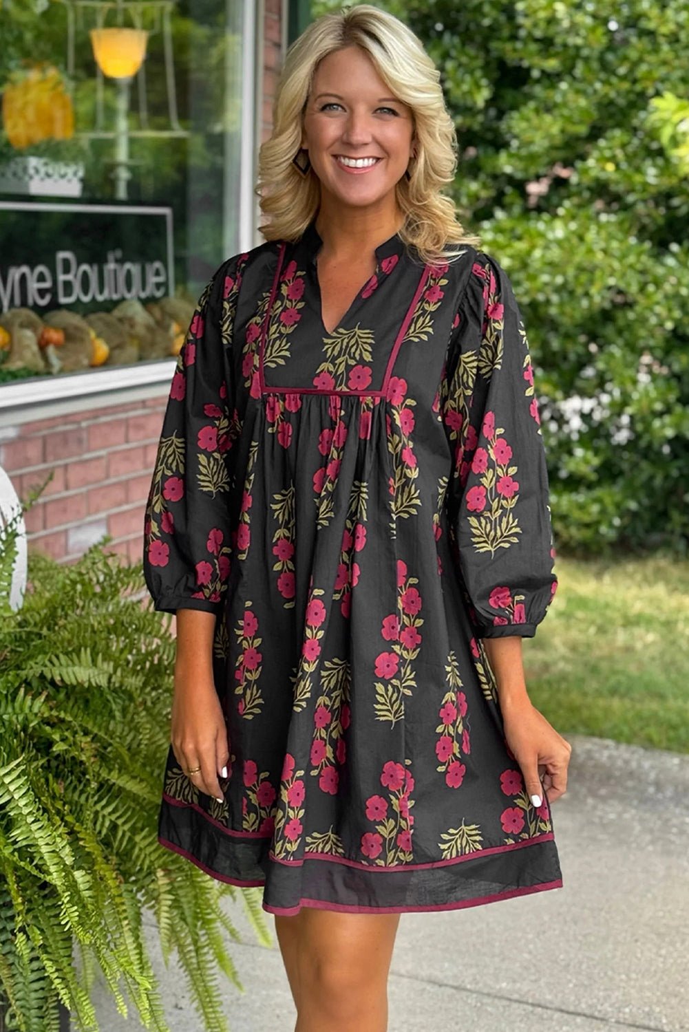Black Floral Print Notched Neck Piping Trim Bracelet Sleeve Babydoll Dress - Loving It Shop
