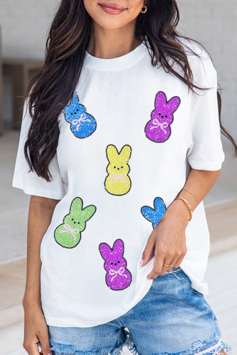 White Sequin Bow Bunny Doll Patched Easter Graphic Tee - Loving It Shop