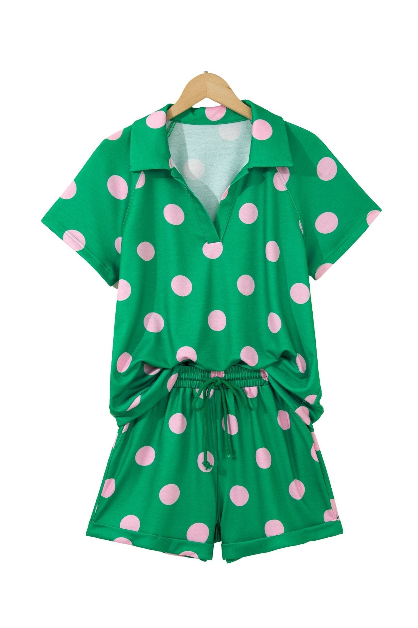 Green Polka Dot Print V Neck Tee Short Set - Loving It Shop