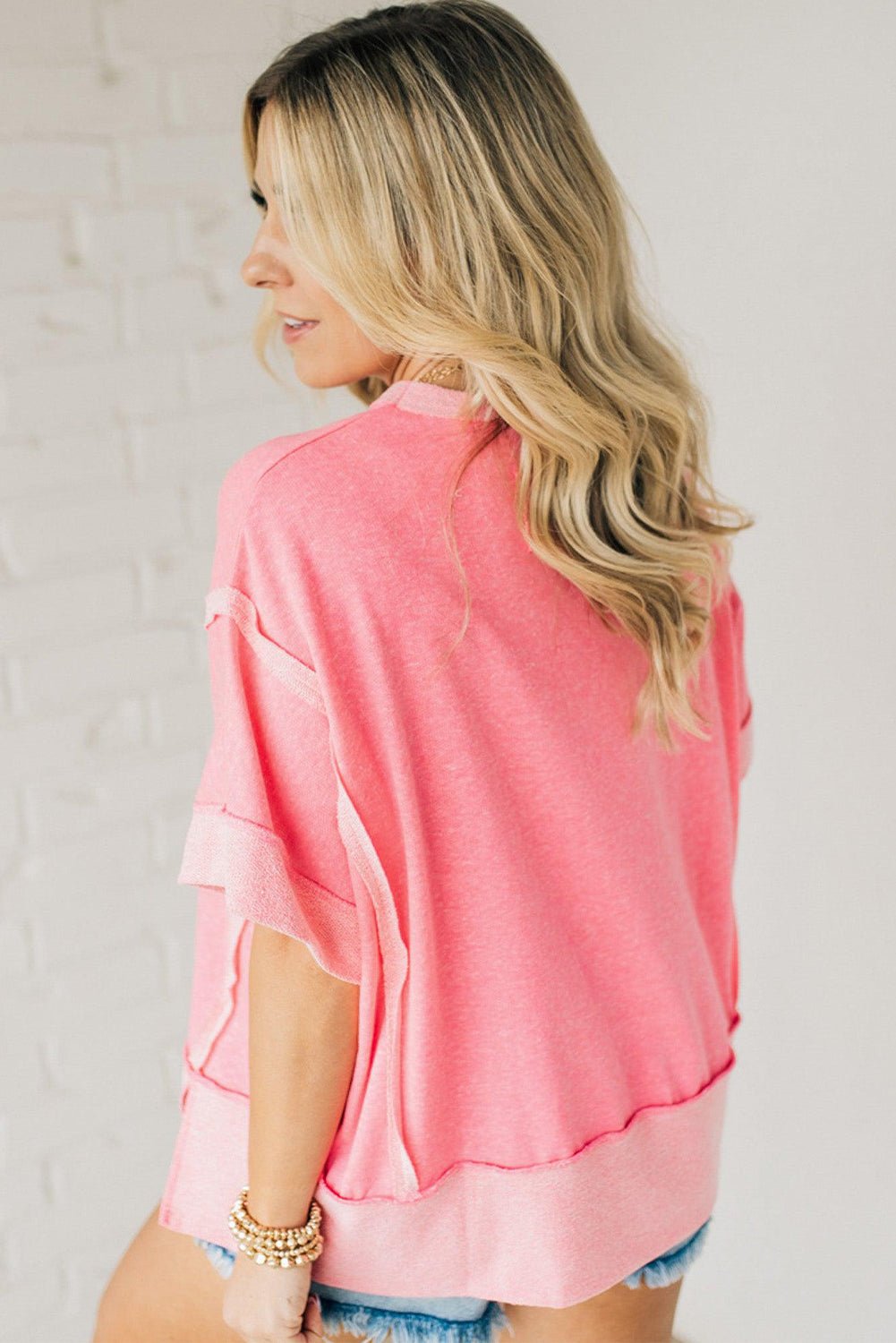 Peach Blossom Raw Seam Patchwork GAME DAY Letter Graphic Loose Tee - Loving It Shop