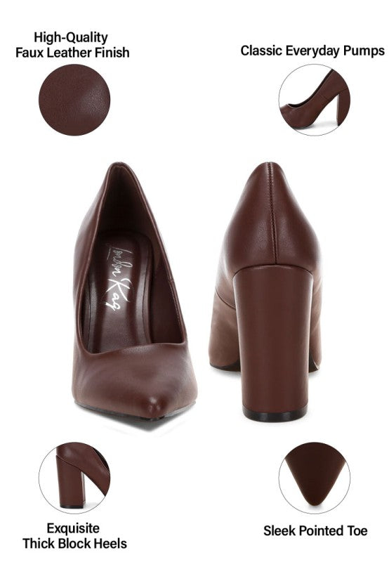 ZHURI Faux Leather Solid Block Heel Pumps