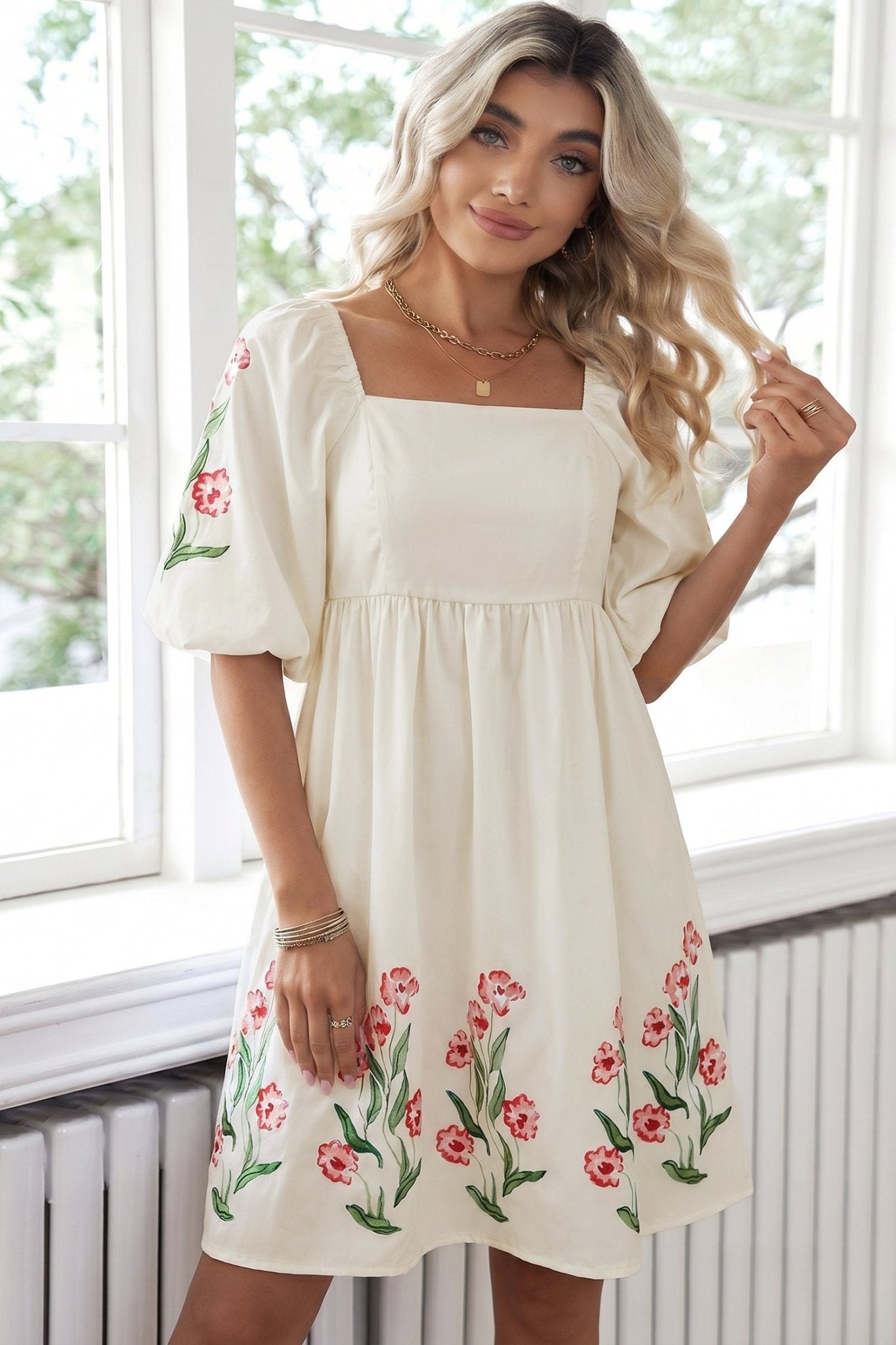 Beige Floral Print Puff Sleeve Babydoll Dress - Loving It Shop