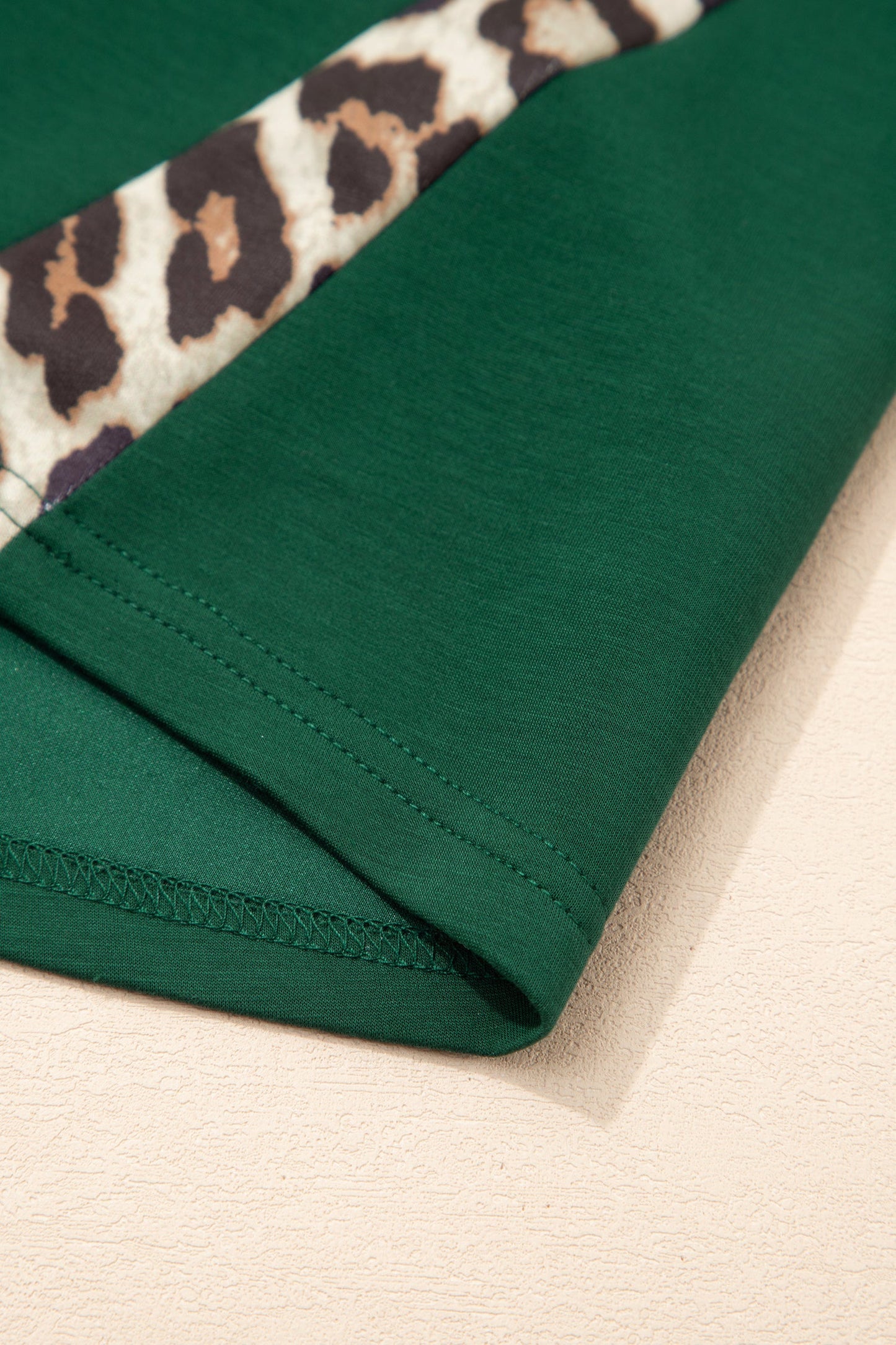 Sea Green Leopard Trim Round Neck Loose T Shirt