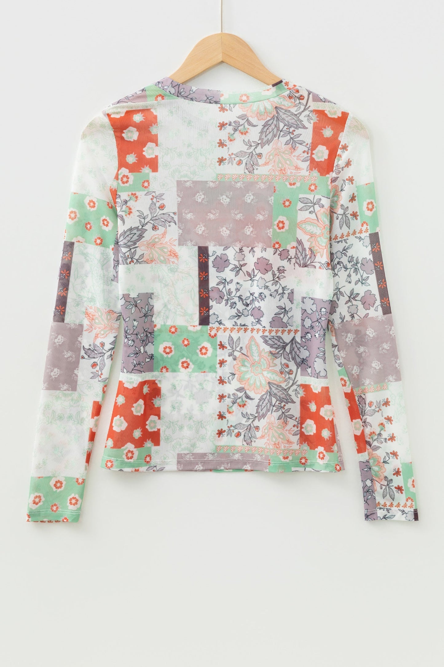 Khaki Mixed Floral Print Patchwork Mock Neck Mesh Top