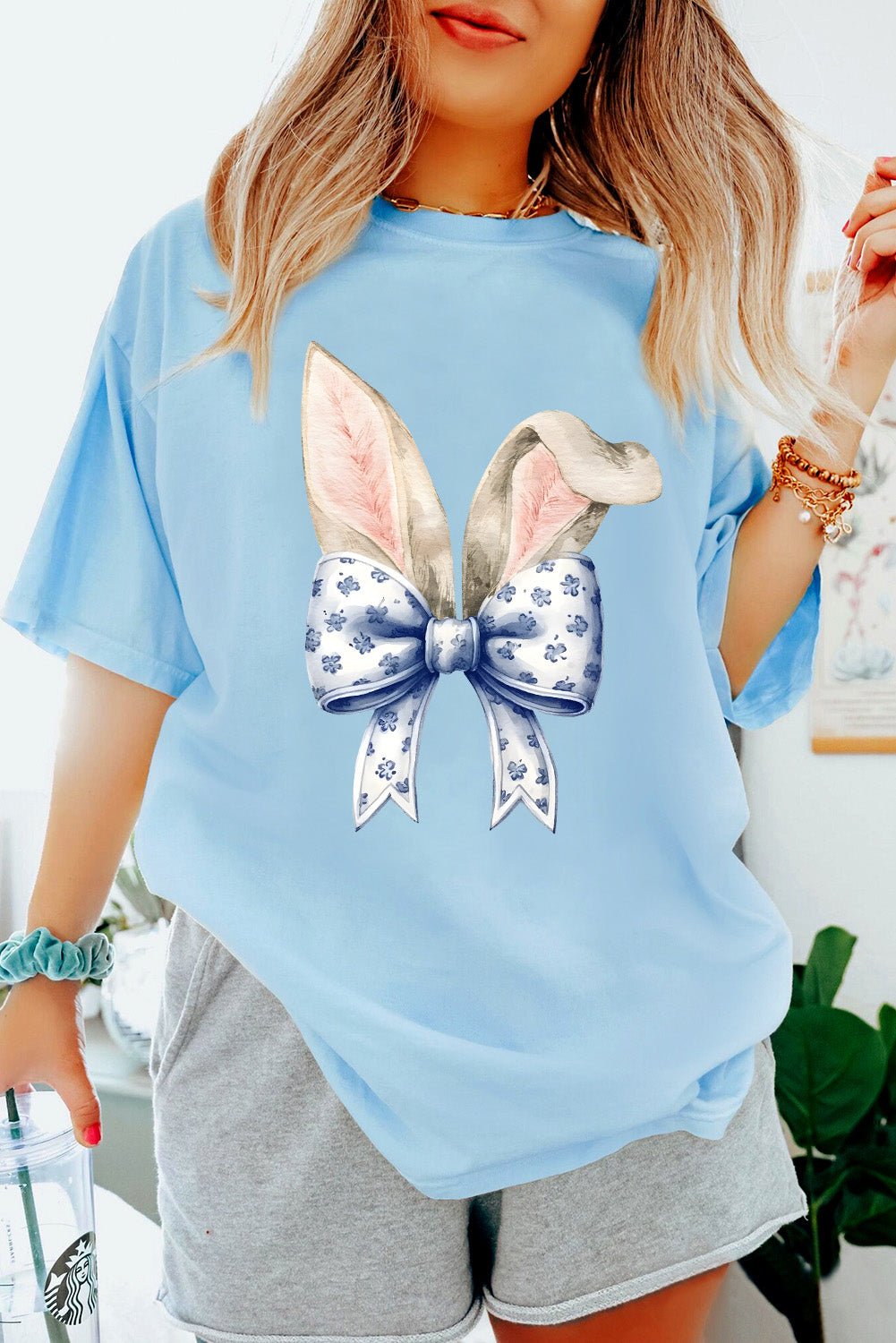 Light Blue Easter Bunny Ears Coquette Bow Graphic Tee - Loving It Shop