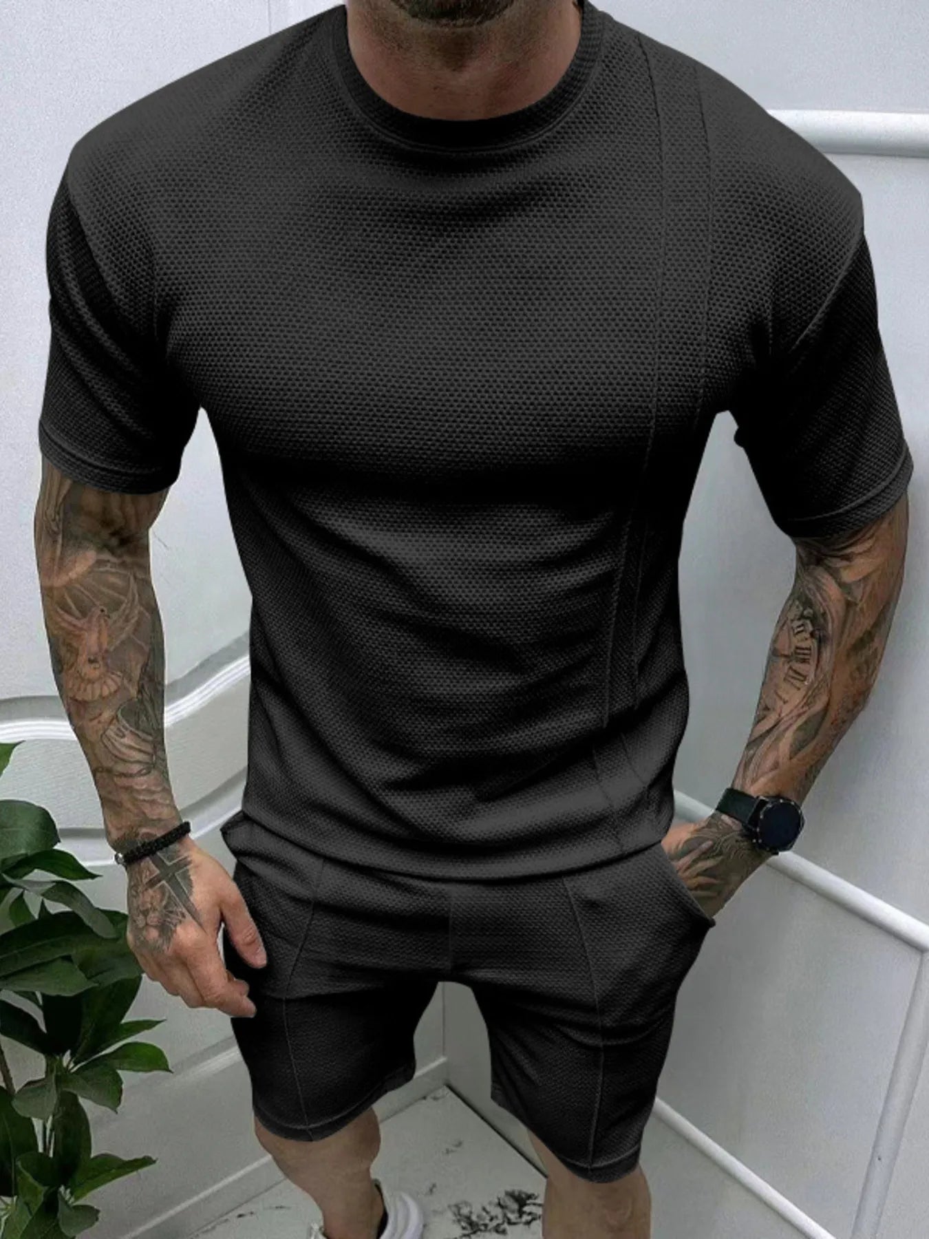 Men's Full Size Round Neck Tee and Shorts Set Plus Size