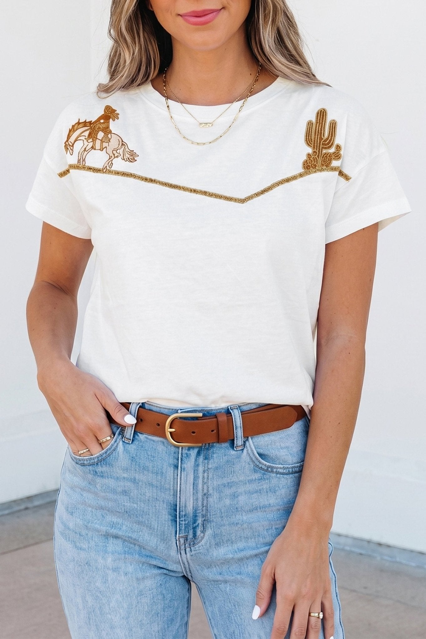 White Western Fashion Embroidered Casual Tee - Loving It Shop
