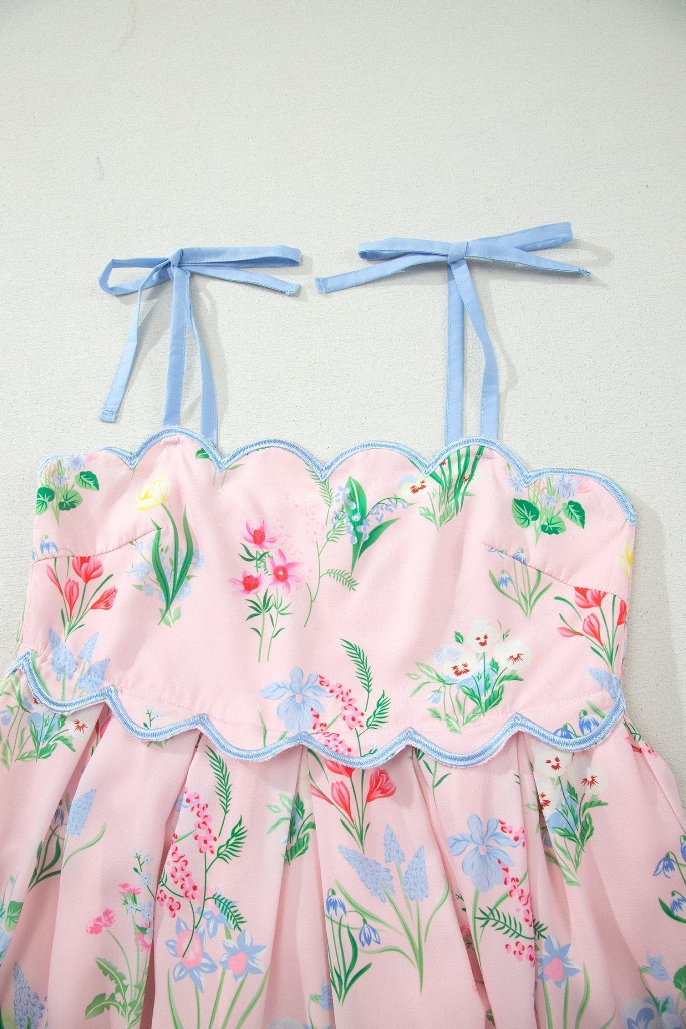 Pink Floral Print Contrast Trim Self - tie Straps High Waist Midi Dress - Loving It Shop