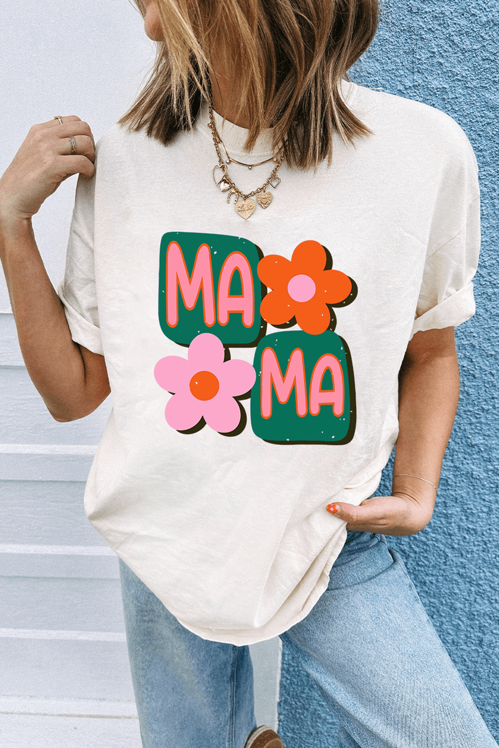 White MAMA Flower Graphic Crewneck Tee - Loving It Shop