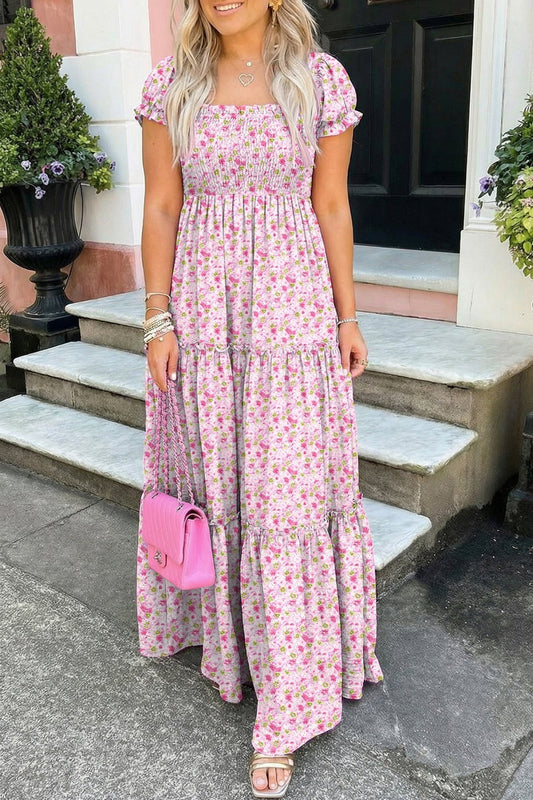 Pink Floral Short Bubble Sleeve Shirred High Waist Maxi Dress - Loving It Shop
