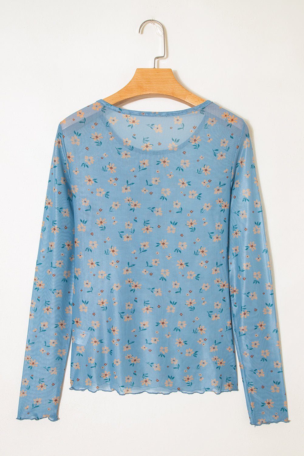 Sky Blue Vintage Floral Print Southern Style Mesh Long Sleeve Top - Loving It Shop