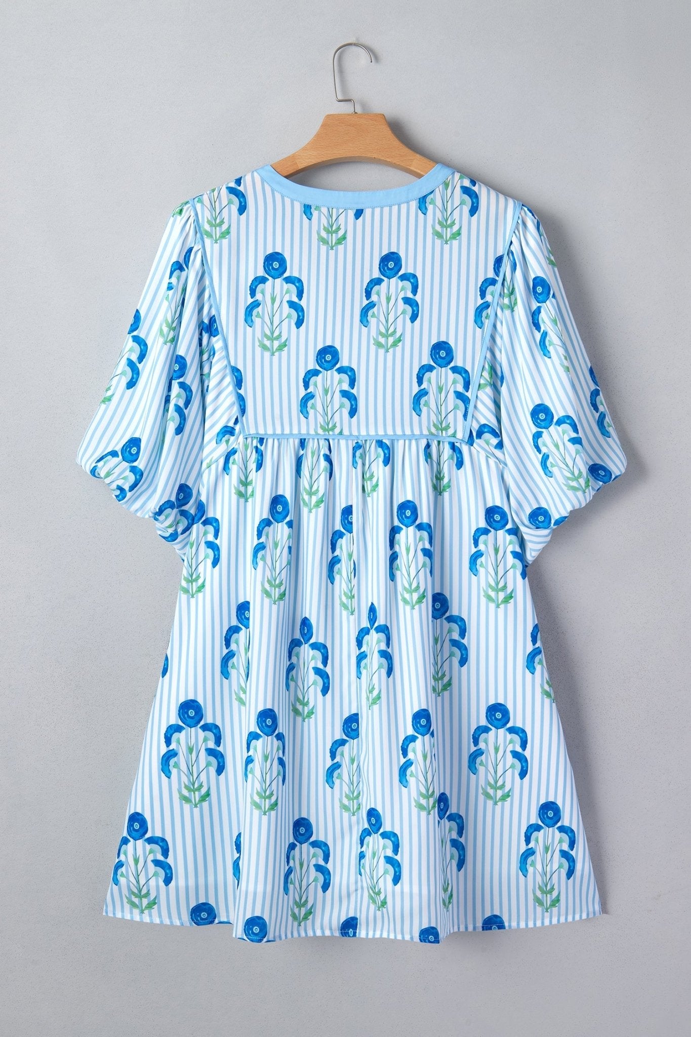 Sky Blue Floral Striped Bubble Short Sleeve Plus Size Dress - Loving It Shop