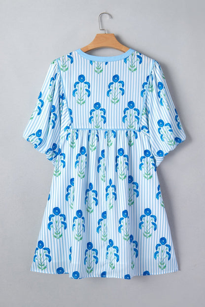 Sky Blue Floral Striped Bubble Short Sleeve Plus Size Dress - Loving It Shop