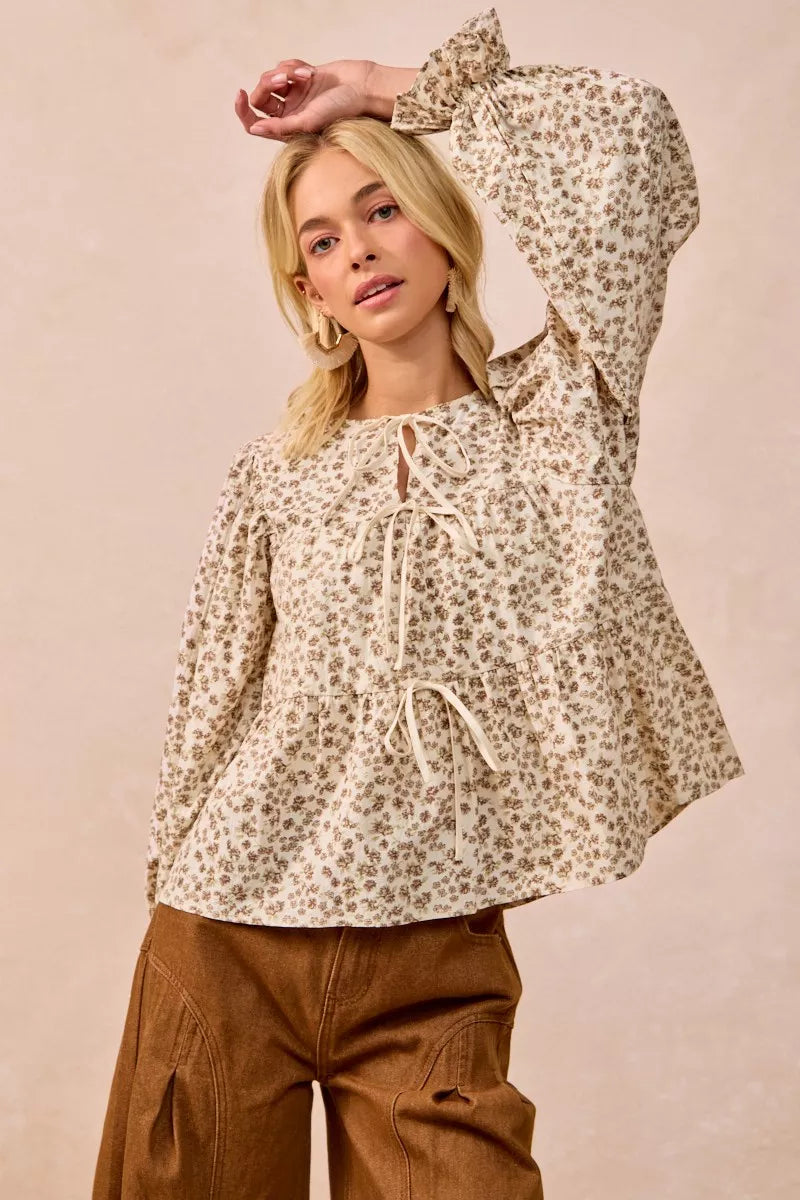 Floral Printed Peplum Blouse with Shirring and Tied